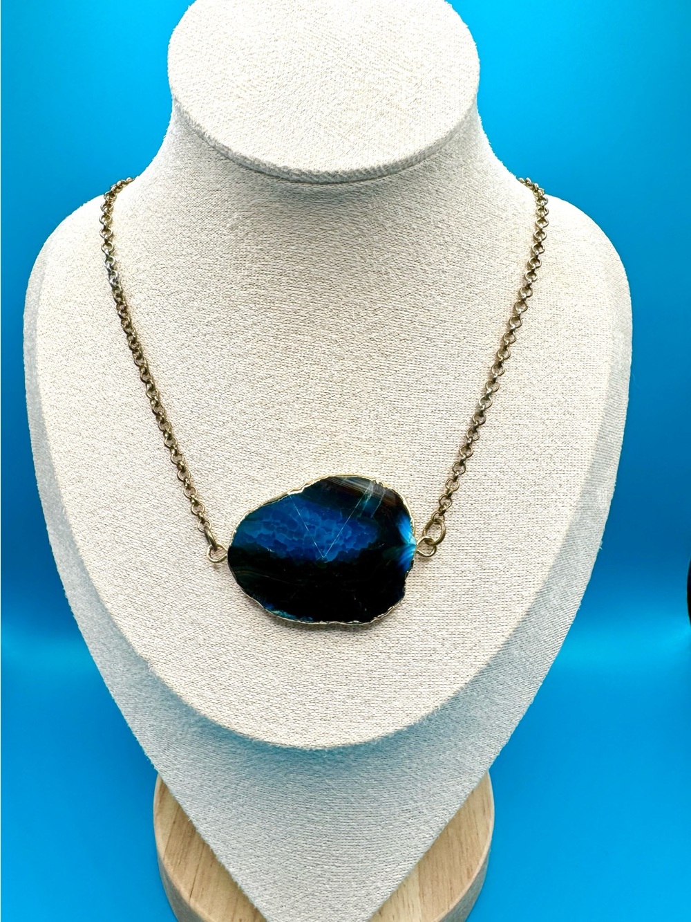 Vtg Boho Sapphire Blue Agate Slice Electroplated Raw Gemstone